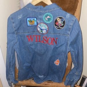 Vintage Distressed Pearl Snap Button Down Patch Denim Shirt